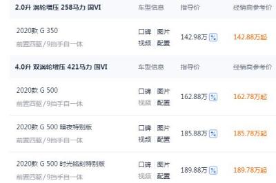 奔驰大g多少钱一辆 官方落地价142.98-189.88万元（入门款的全款价159.05万元起）
