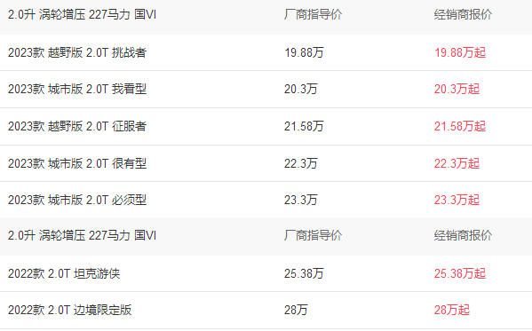 长城坦途克300报价2023款，坦克300这款车多少钱